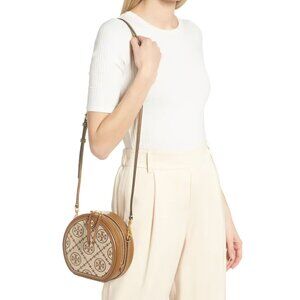 Tory Burch T Monogram Jacquard Moon Crossbody Bag Brown